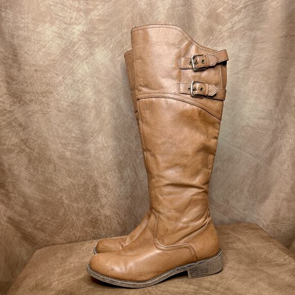Steve Madden Ortis Calf High Leather Tan Buckle Boots Zip Up Round Toe Women's 9 - Picture 2 of 10